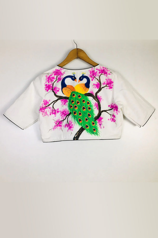 White PeacockHandpainted Cotton Blouse
