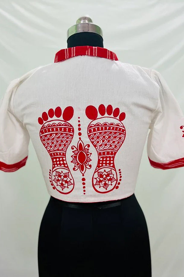 White Red Alpona Paa Du Ta Handpainted Blouse