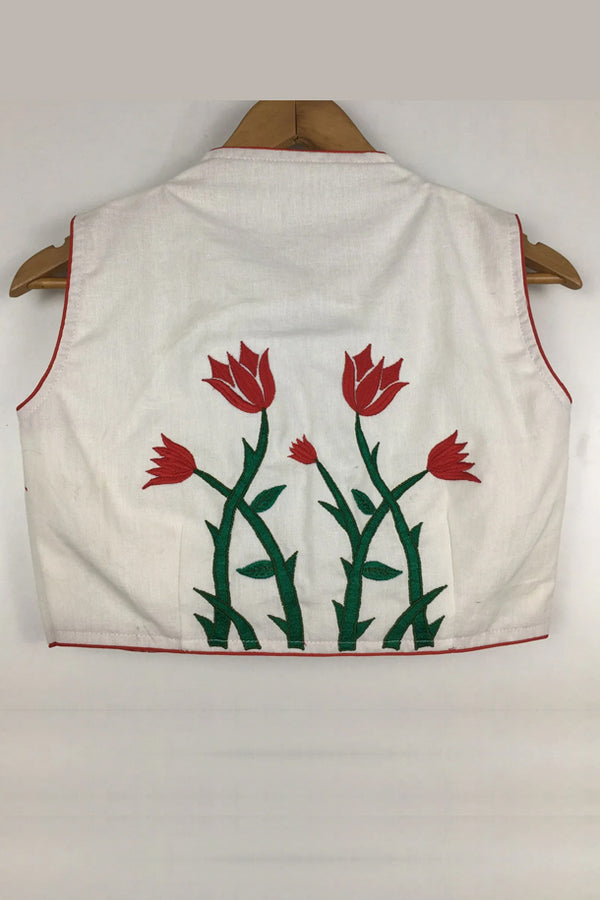 White Sleeveless Embroidered Padded Cotton Blouse