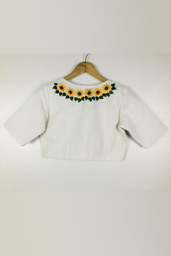 White Sunflower Embroidery Cotton Blouse