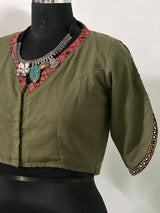 Olive Green Red Ajrakh Embroidery Cotton Blouse  - thesaffronsaga