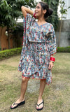 Blue Red Block Printed Cotton Short Kaftan