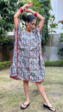 Blue Red Block Printed Cotton Short Kaftan