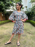 Blue Red Block Printed Cotton Short Kaftan
