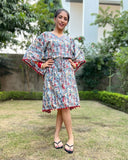 Blue Red Block Printed Cotton Short Kaftan