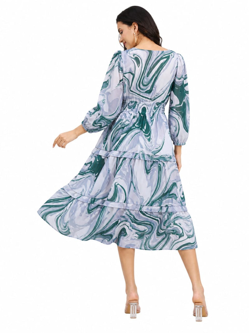 Kyna Sage Marble Print Tiered Midi Dress