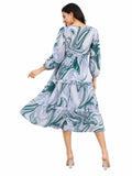 Kyna Sage Marble Print Tiered Midi Dress
