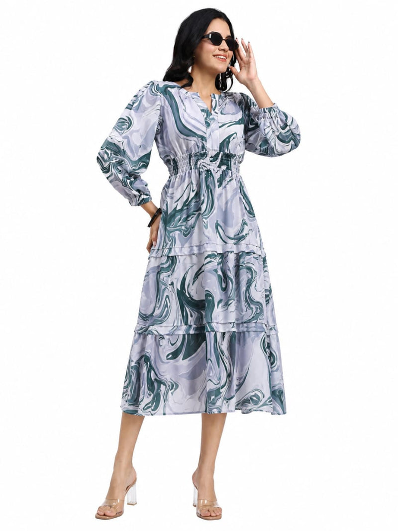 Kyna Sage Marble Print Tiered Midi Dress