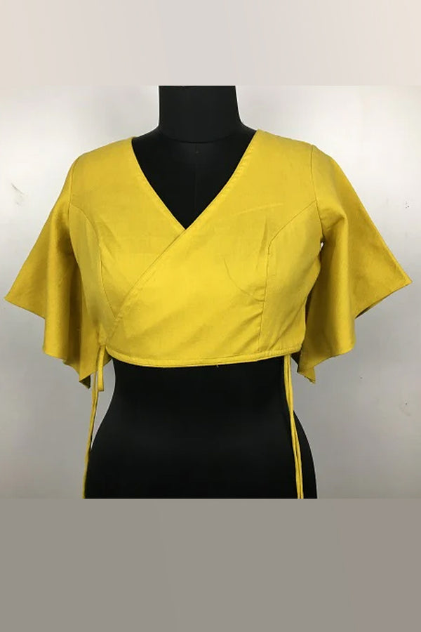 Yellow Bell Sleeves Overlap Blouse