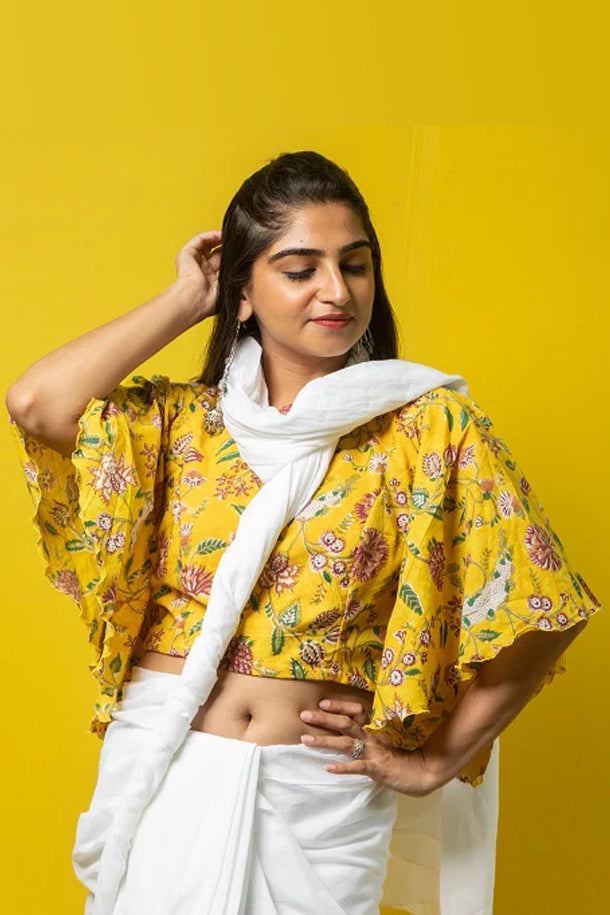Yellow Floral Bell Sleeves Blouse