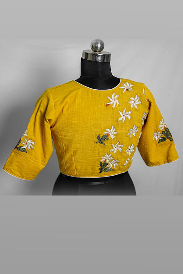 Yellow Parijat Embroidered Cotton Blouse