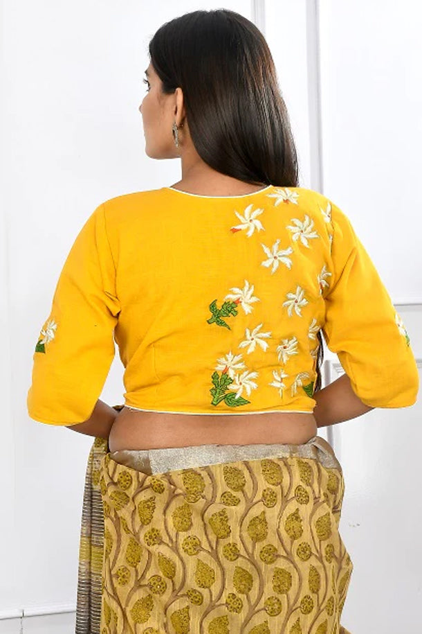 Yellow Parijat Embroidered Cotton Blouse