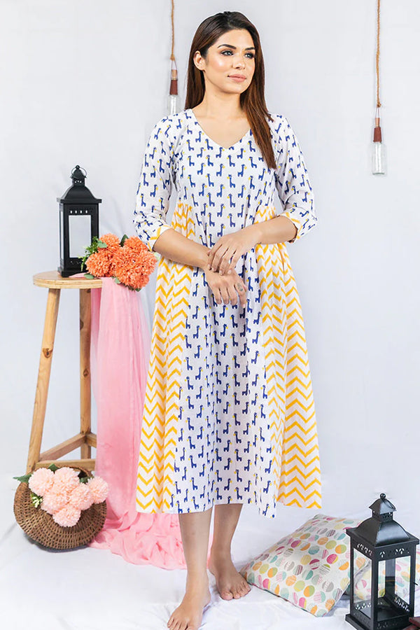Yellow & Blue Animal Printed Dress for Moms