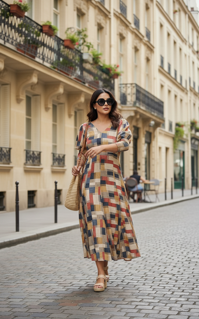 Multicolor Checkered Fit-and-Flare Midi Dress