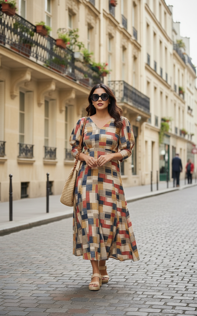 Multicolor Checkered Fit-and-Flare Midi Dress