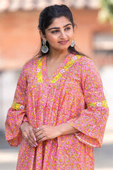 Padmaja- Pink Lotus Block Print Hand Embroidered Tunic  - thesaffronsaga