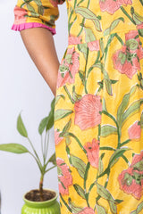 Yellow Floral Hand Block Printed Cotton Nighty  - thesaffronsaga