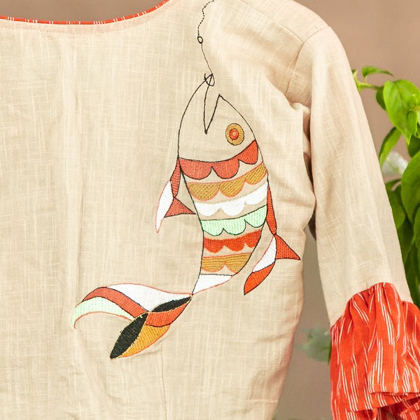 Cream Orange Ikkat Embroidered Blouse  - thesaffronsaga