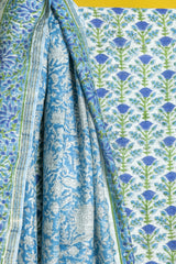 Blue White Floral Hand Block Printed Chanderi Unstitched Suit Set  - thesaffronsaga