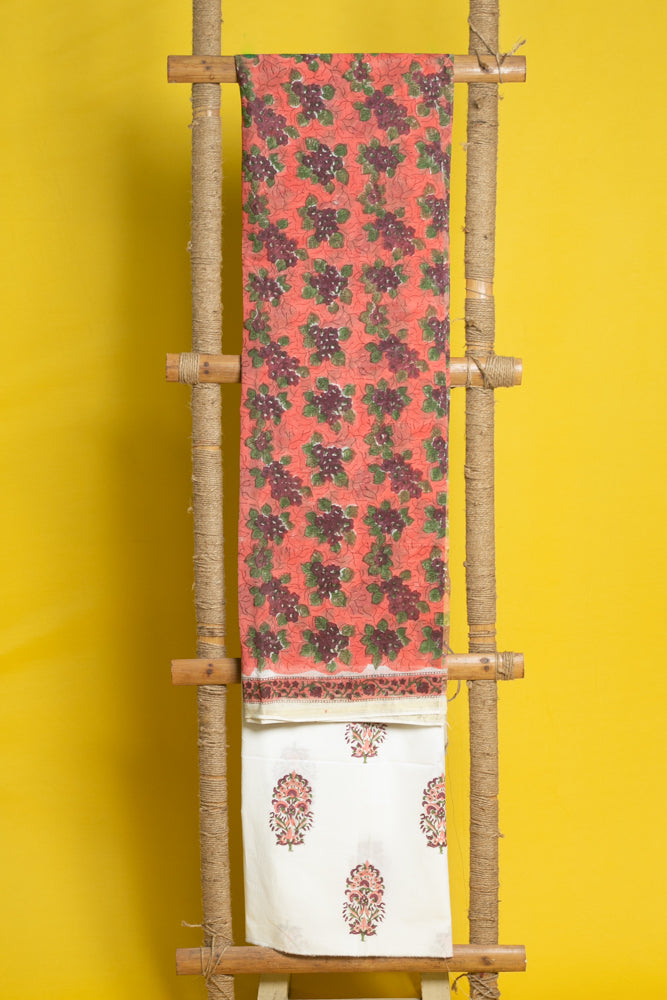 Peach White Floral Hand Block Printed Chanderi Unstitched Suit Set  - thesaffronsaga