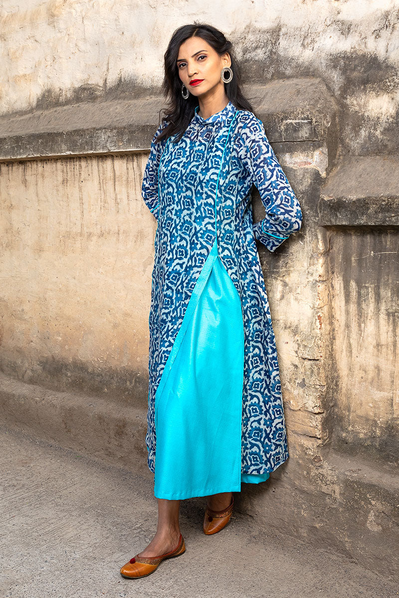 Cyan And Indigo Silk-Chanderi Layered Dress  - thesaffronsaga