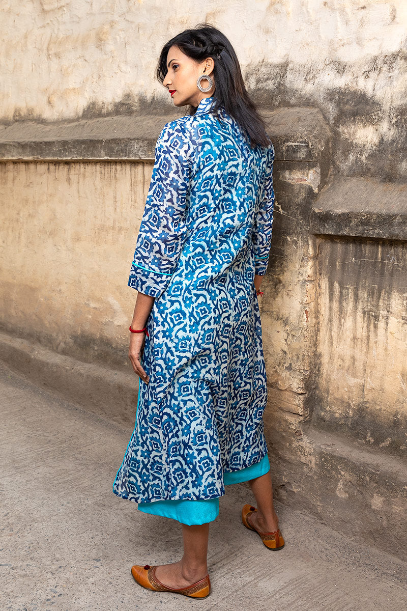 Cyan And Indigo Silk-Chanderi Layered Dress  - thesaffronsaga