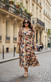 Multicolor Checkered Fit-and-Flare Midi Dress