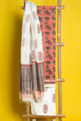 Peach White Floral Hand Block Printed Chanderi Unstitched Suit Set  - thesaffronsaga