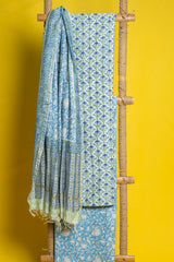 Blue White Floral Hand Block Printed Chanderi Unstitched Suit Set  - thesaffronsaga