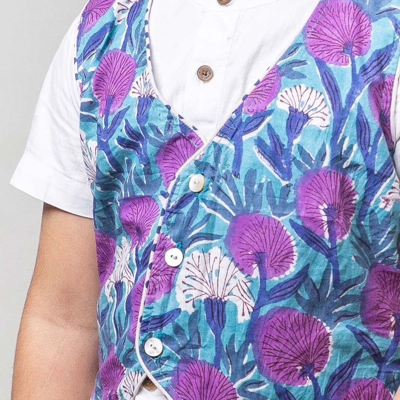 Boys Blue Floral Print Sleeveless Jacket With White Shirt  - thesaffronsaga