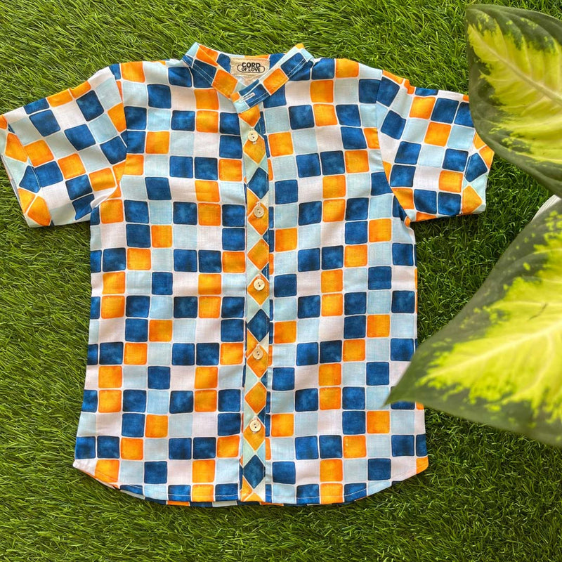 Boys Blue Orange Checks Half Sleeves Shirt  - thesaffronsaga