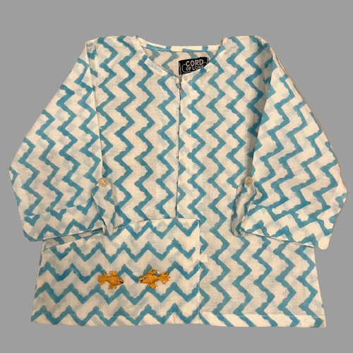 Embroidered White and blue chevron Block print Unisex Co-ord Set