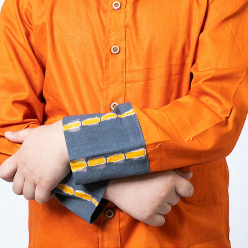 Boys Plain Orange With Grey Shibori Folded Full Sleeves Shirt  - thesaffronsaga