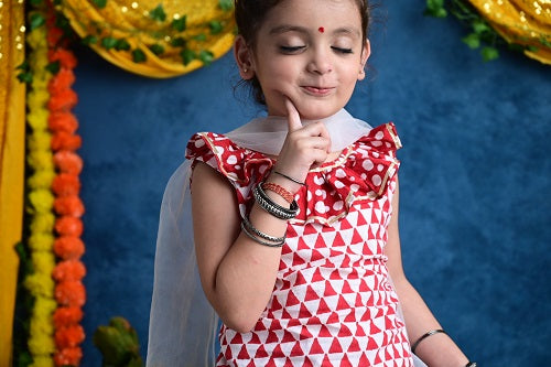 Girl’s Traditional Three Piece Cotton Red and White Lehnga/Chaniya Choli Dupatta Set  - thesaffronsaga
