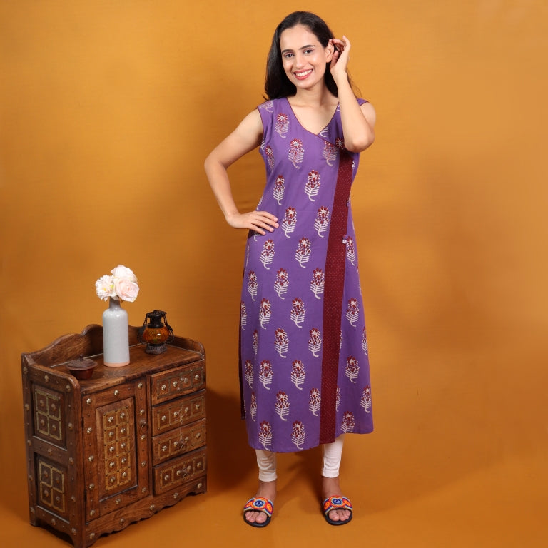 Sheetala - Purple Bandana Block Print Angrakha Style Kurta  - thesaffronsaga