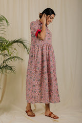 Blush Pink Floral Block Print Dress For New Mom  - thesaffronsaga