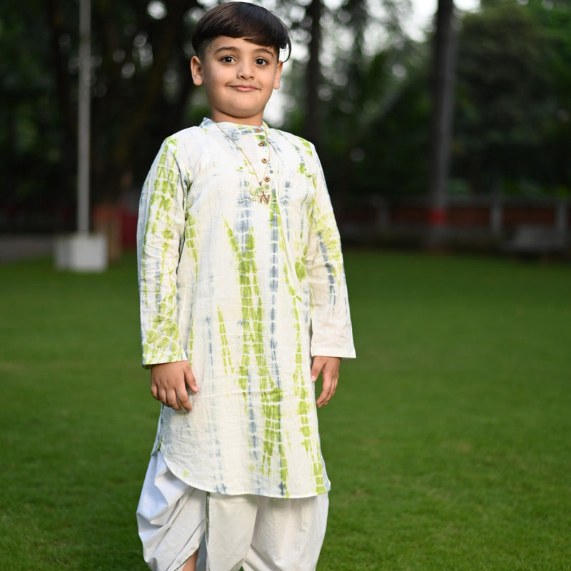 Green & White Shibori Boy's Kurta Pyjama Set  - thesaffronsaga