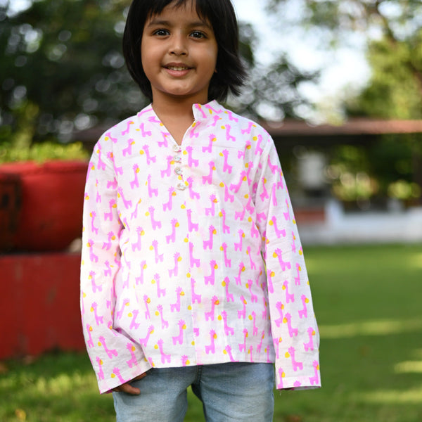 Boy's Pink Animal Print Kurta Shirt  - thesaffronsaga