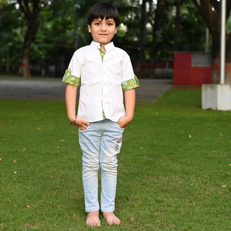 Boy's Plain White with Green Folded Sleeves Shirt  - thesaffronsaga