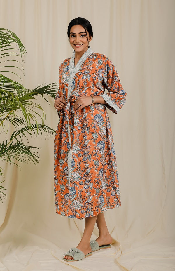 Burnt Orange Floral Block Print Housecoat  - thesaffronsaga