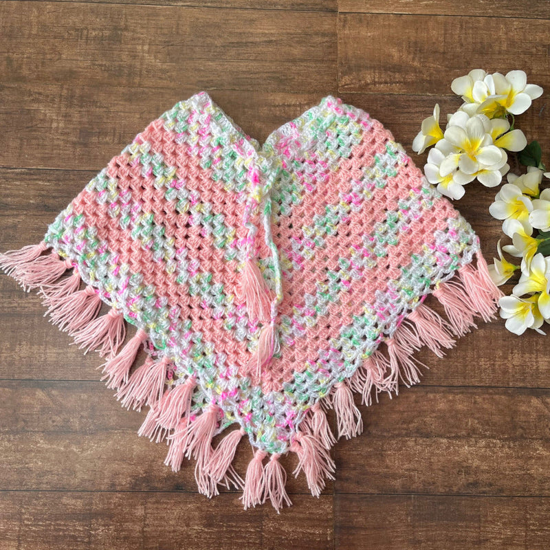 Infant's pink & shaded hand-knitted woollen poncho  - thesaffronsaga