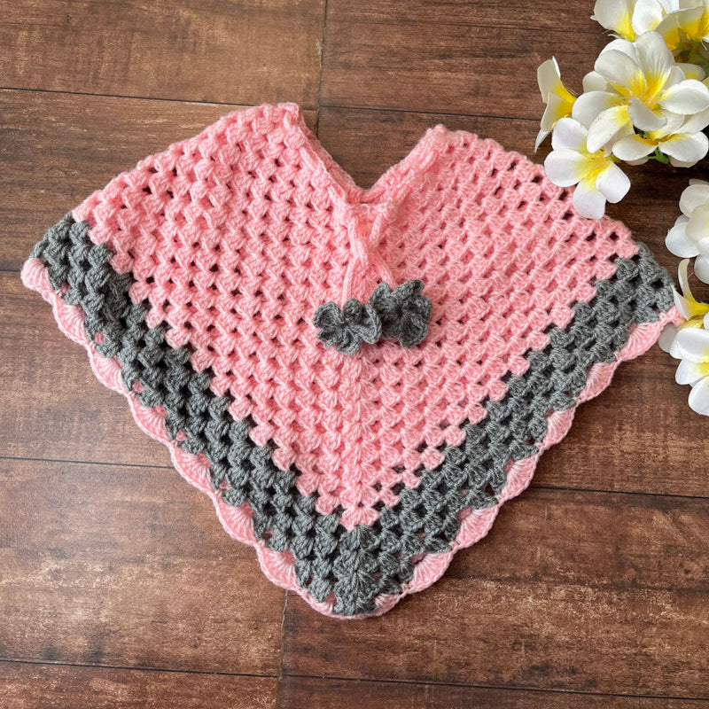 Infant's pink & grey hand-knitted woollen poncho  - thesaffronsaga