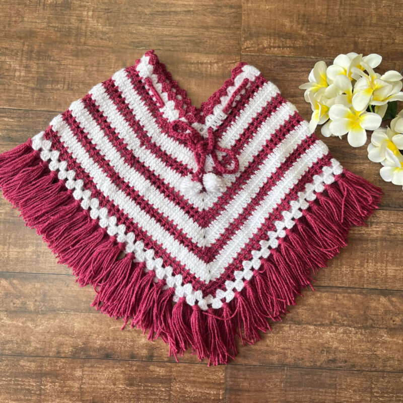 Girl's Burgundy & White Hand-Knitted Woollen Poncho  - thesaffronsaga