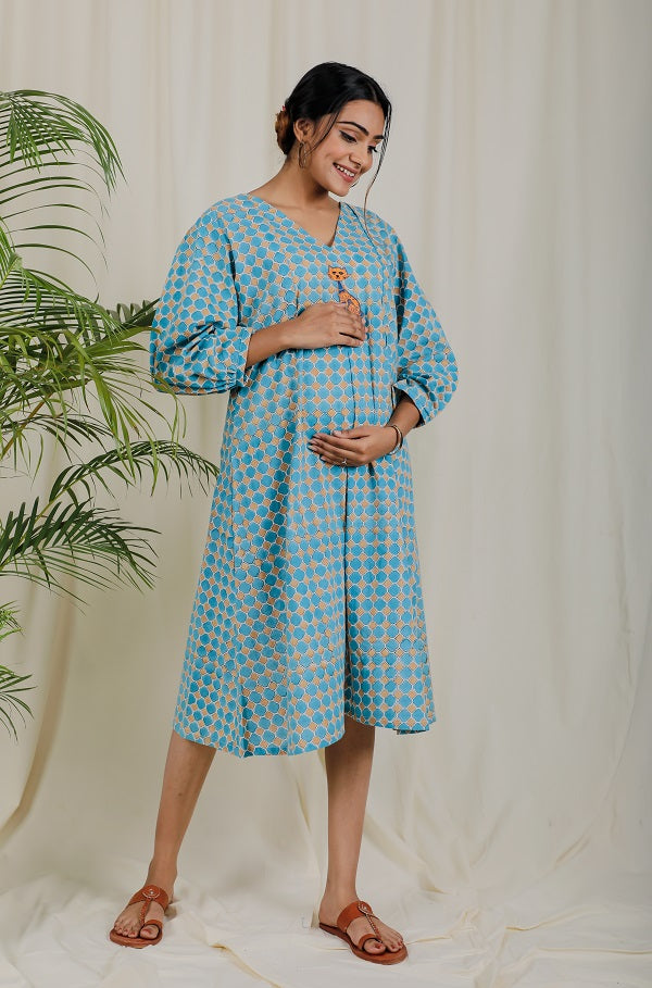 Blue Orange Block Print Dress For New Mom  - thesaffronsaga