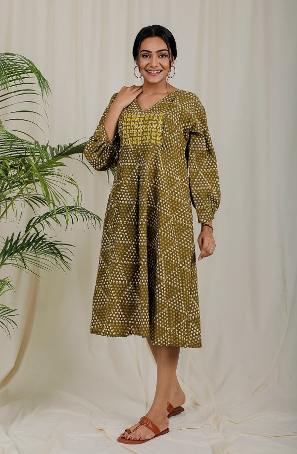 Olive Green Block Print Dress For New Mom  - thesaffronsaga