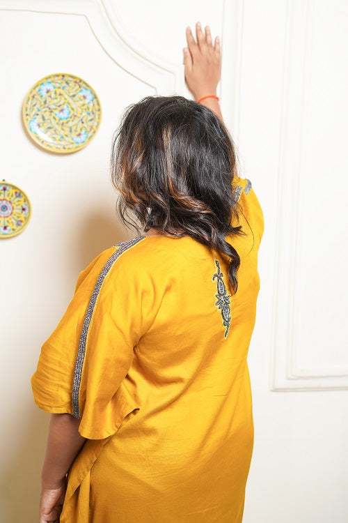 Mustard Yellow Hand Embroidered Floor Length Luxury Kaftan