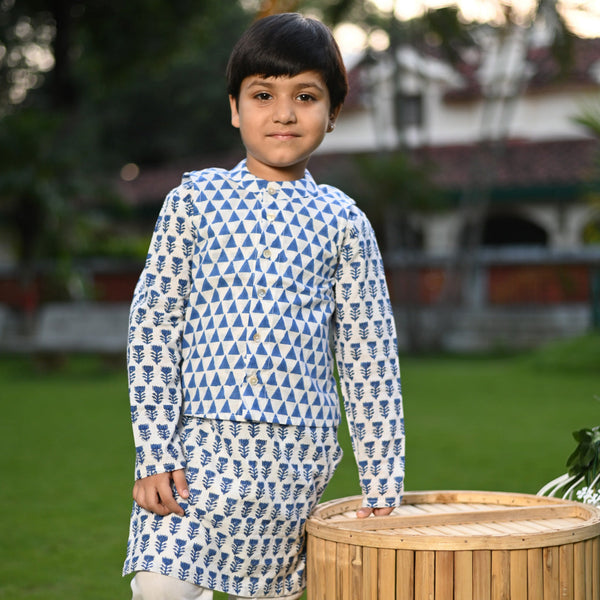 White & Blue Boy's Kurta Pyjama Set  - thesaffronsaga