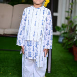 White & Blue Asymmetrical Boy's Kurta Pyjama Set  - thesaffronsaga