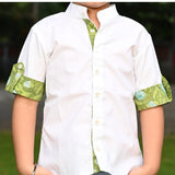 Boy's Plain White with Green Folded Sleeves Shirt  - thesaffronsaga