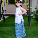 Girl's Blue Floral & White Lehenga Kurta Set  - thesaffronsaga